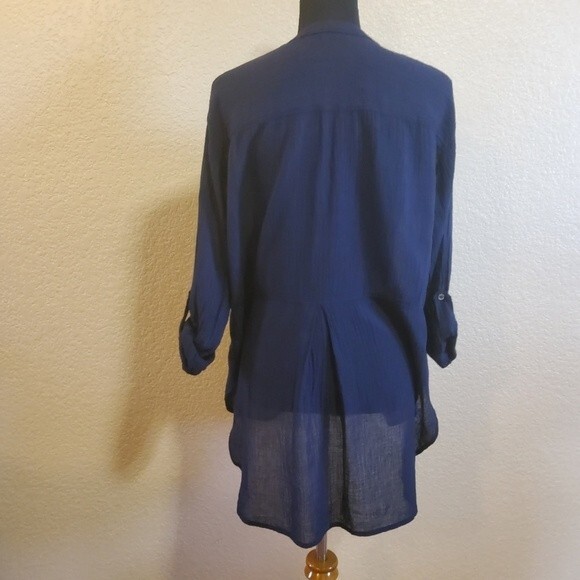 Three Dots Henley Semi Sheer Gauze Tunic Top M Navy Blue New - Picture 6 of 16
